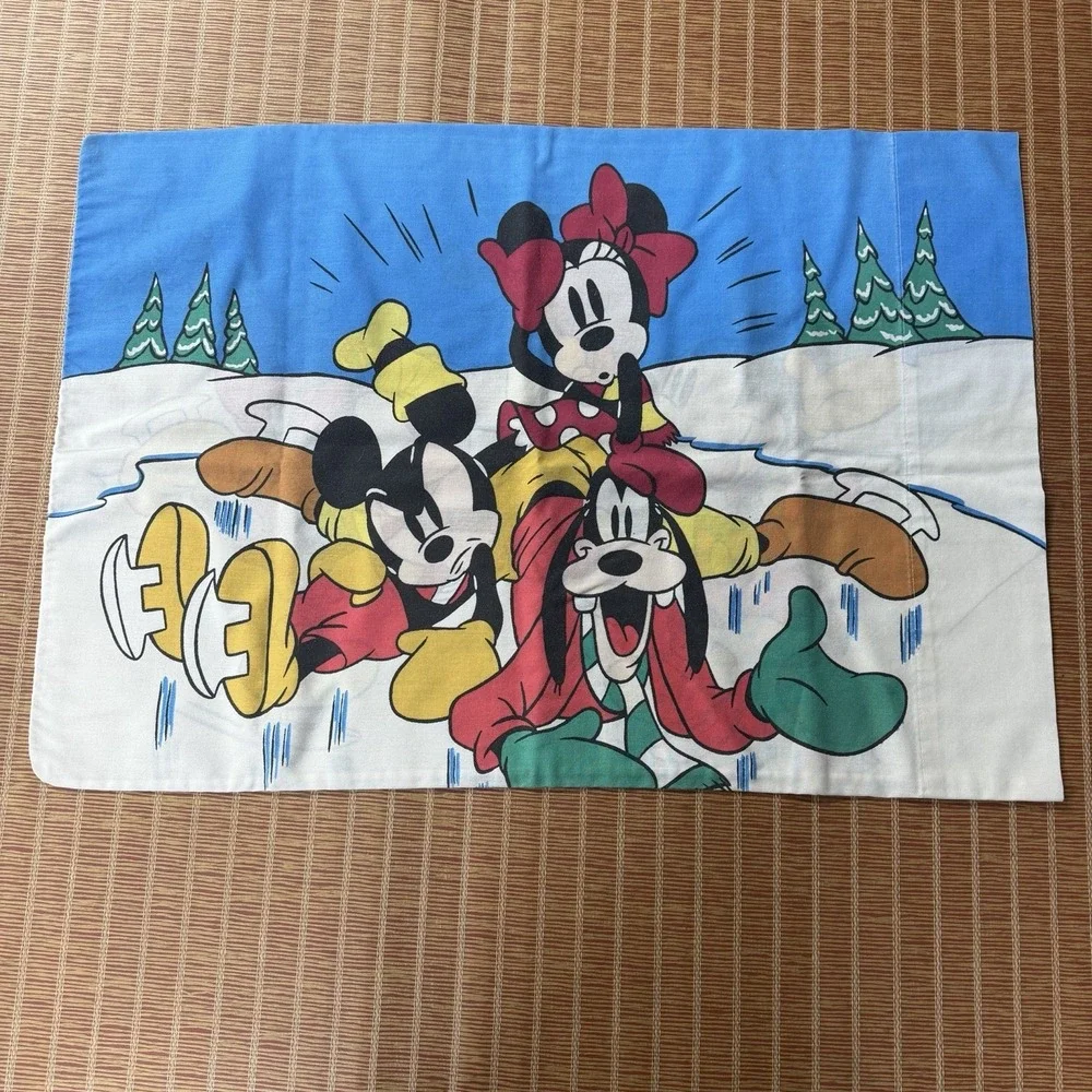 Vintage Disney Pillowcase bedding with Mickey, Minnie & Goofy Skating, 2 sided.